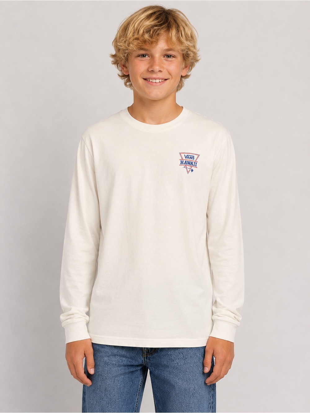 Vans White Long-Sleeve Tee with Pink and Blue Hawaii Graphic Size Youth XL